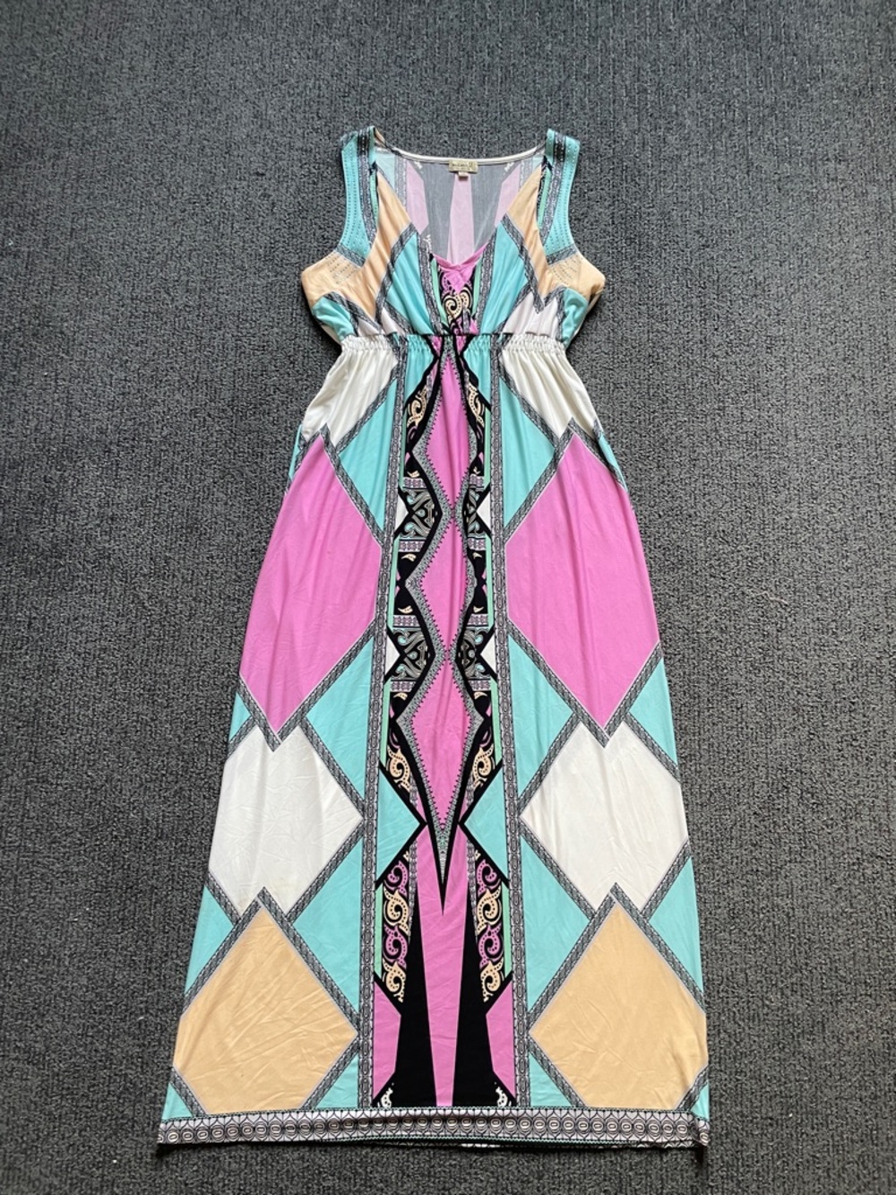 ONE WORLD Sleeveless Geometric Maxi Dress in Pink, Teal & Cream
